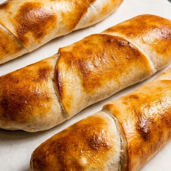Three golden-brown baked pastries, possibly sausage rolls or kolaches, on parchment paper.