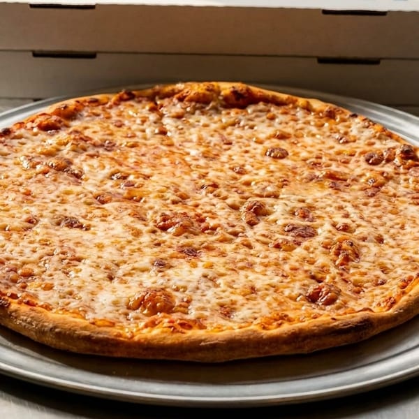 A large, cheesy pizza on a metal tray, with stacks of pizza boxes in the background.