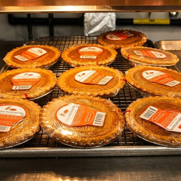 Sweet potato pies with orange labels, wrapped in plastic, on a metal cooling rack.