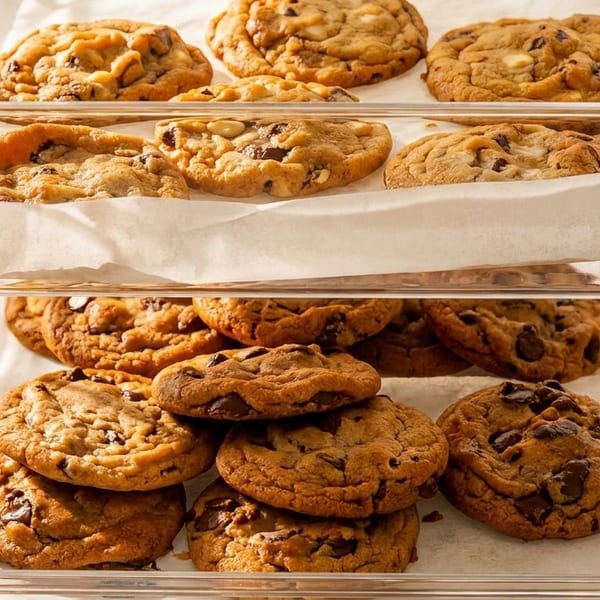 Three clear trays filled with freshly baked chocolate chip cookies on white parchment paper.