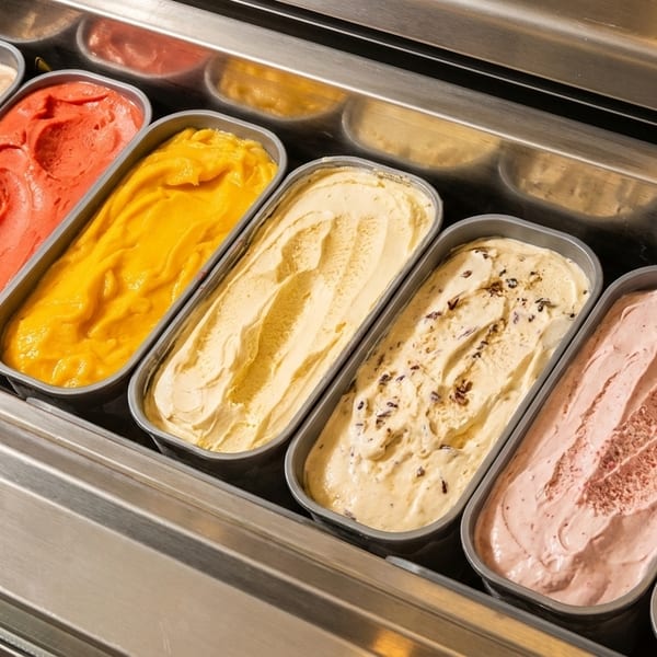 A display case filled with various flavors of colorful gelato in metal containers.