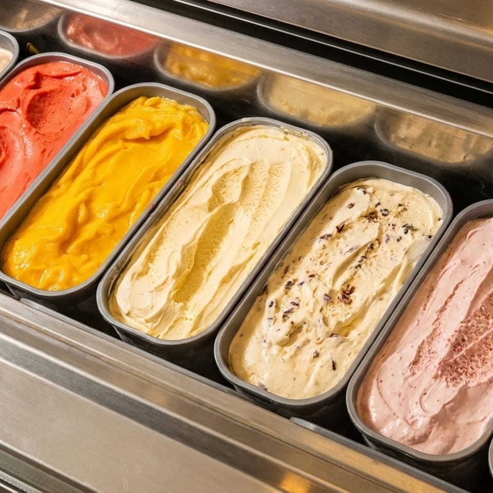 A display case filled with various flavors of colorful gelato in metal containers.