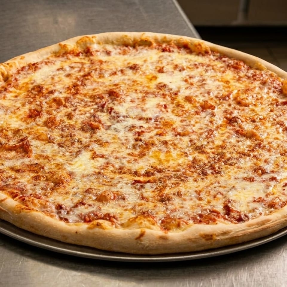 A large, freshly baked cheese pizza on a metal pan, next to a stack of paper plates.