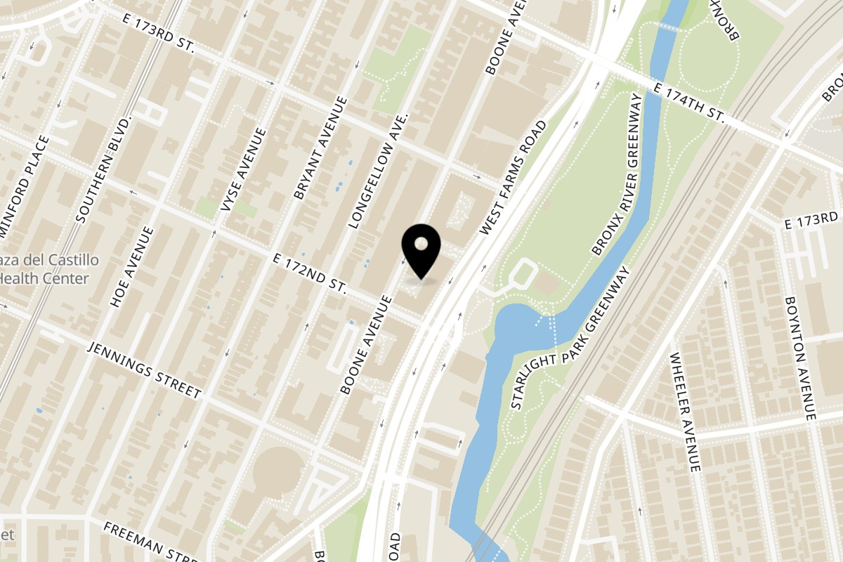 Map showing the location of Milano Pizza on 1544 Boone Ave in Bronx